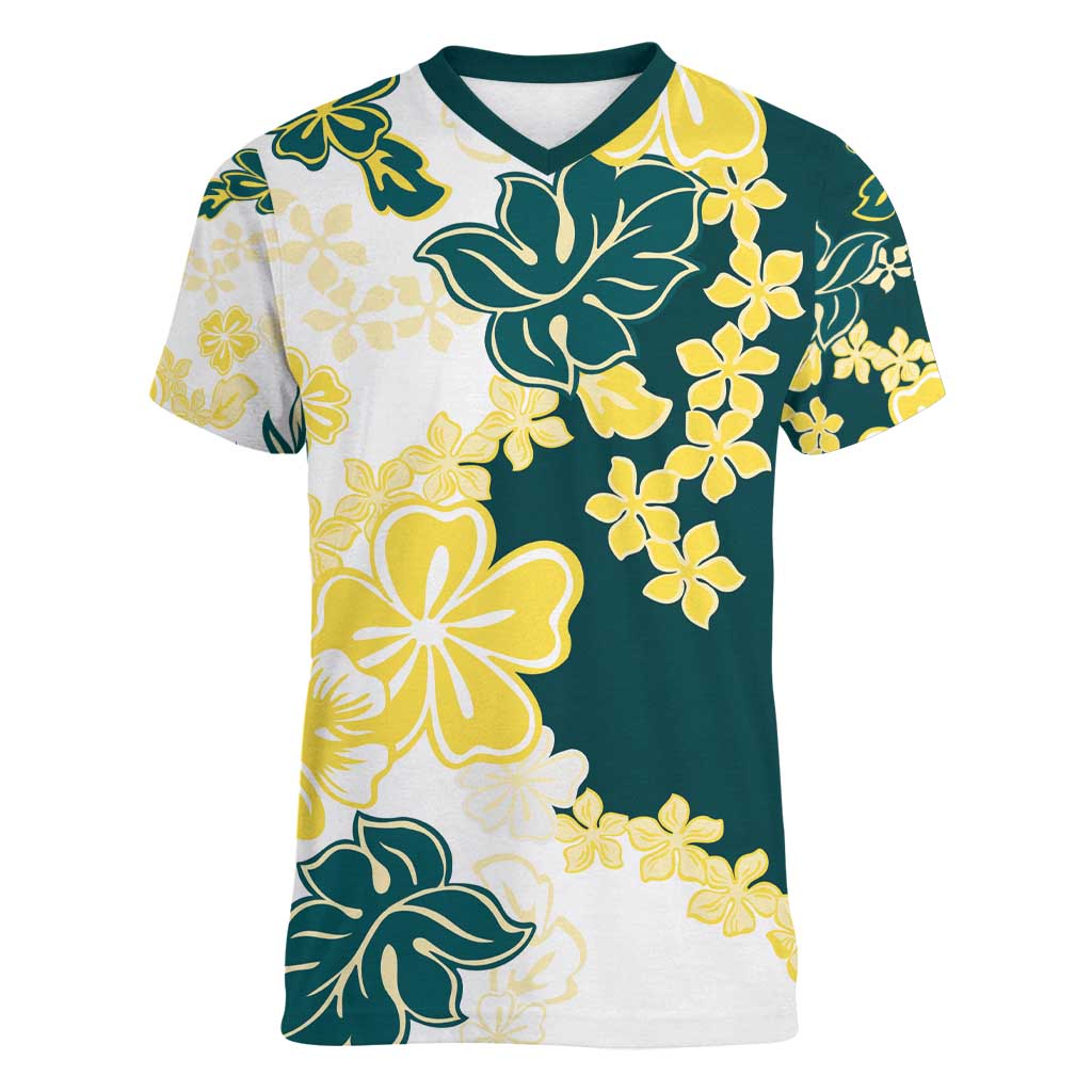 Yelow Teal Hibiscus Plumeria Floral Women V-Neck T-Shirt LT01 Female Yellow - Polynesian Pride