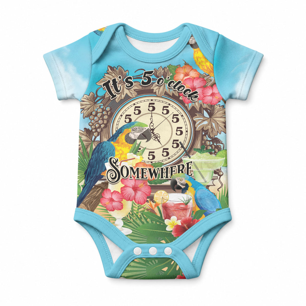 Personalized It's 5 o'clock Somewhere Baby Onesie Hawaiian Tropical Parrots