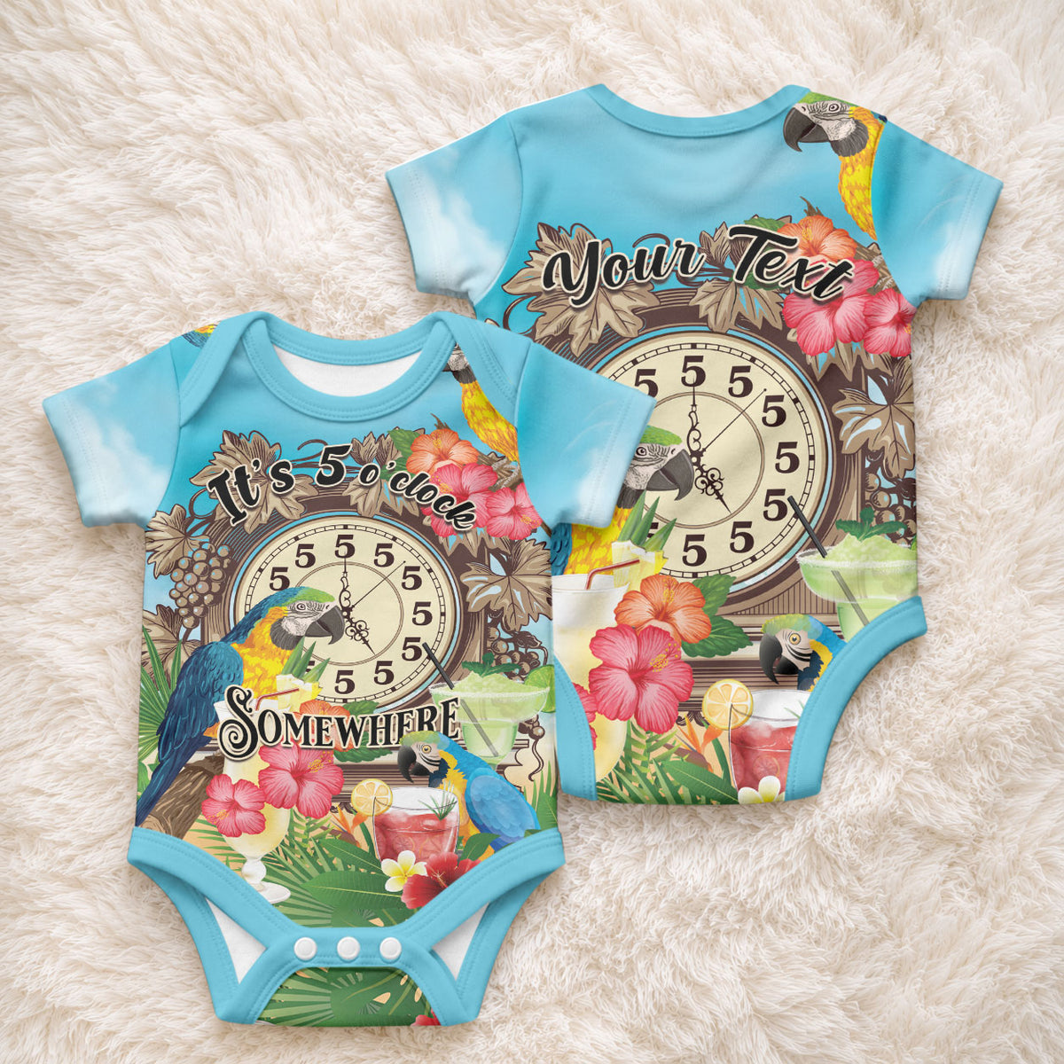 Personalized It's 5 o'clock Somewhere Baby Onesie Hawaiian Tropical Parrots