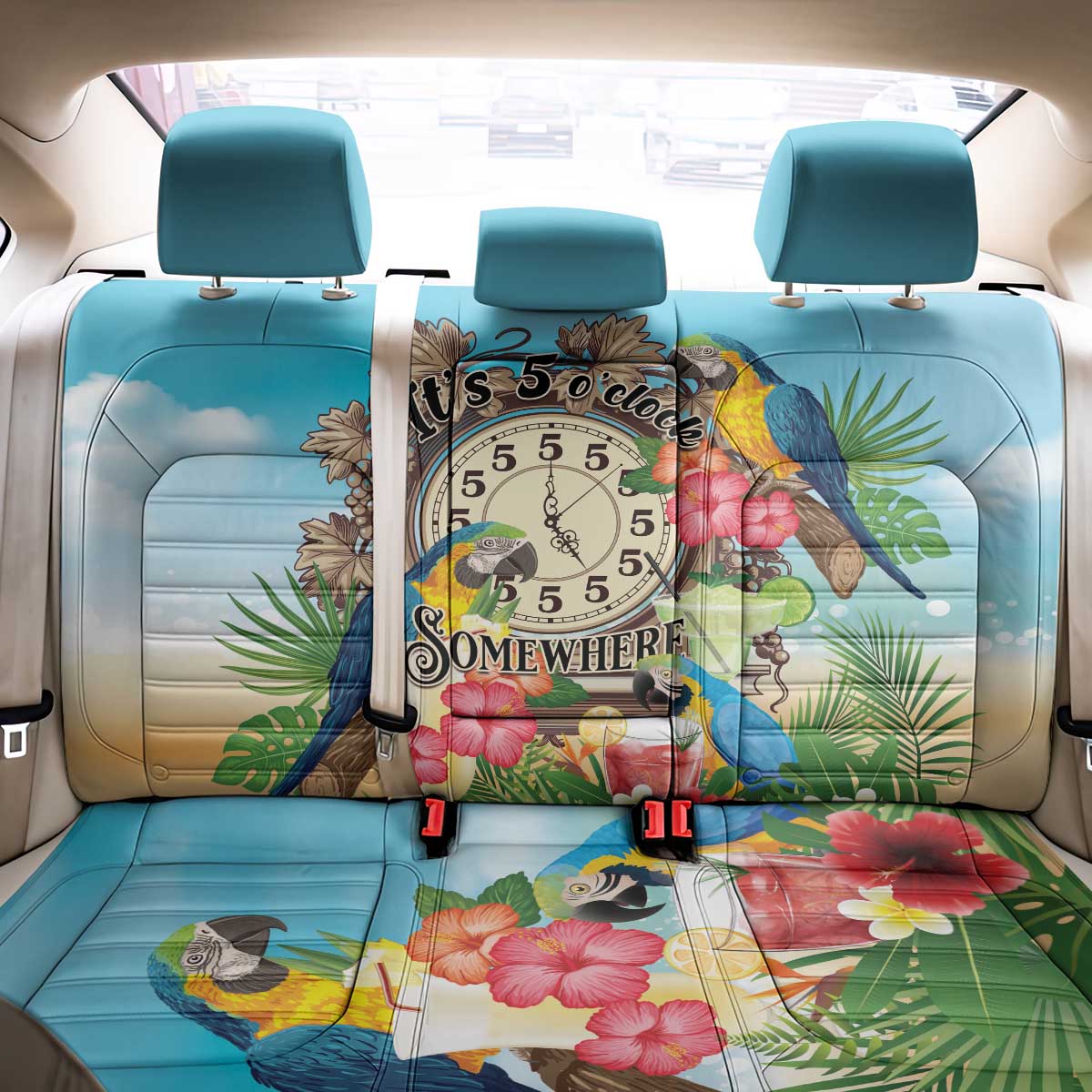 It's 5 o'clock Somewhere Back Car Seat Cover Hawaiian Tropical Parrots - Polynesian Pride