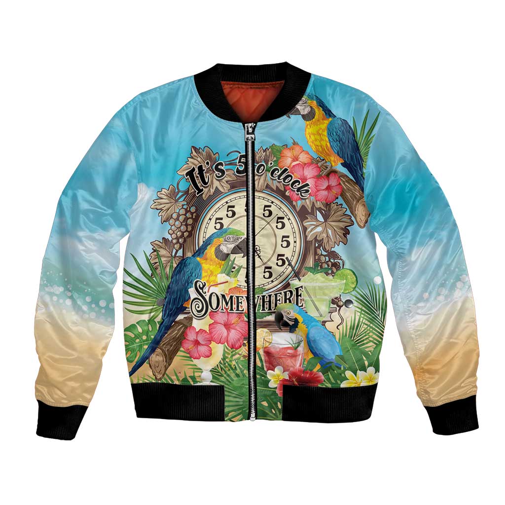 Personalized It's 5 o'clock Somewhere Bomber Jacket Hawaiian Tropical Parrots - Polynesian Pride