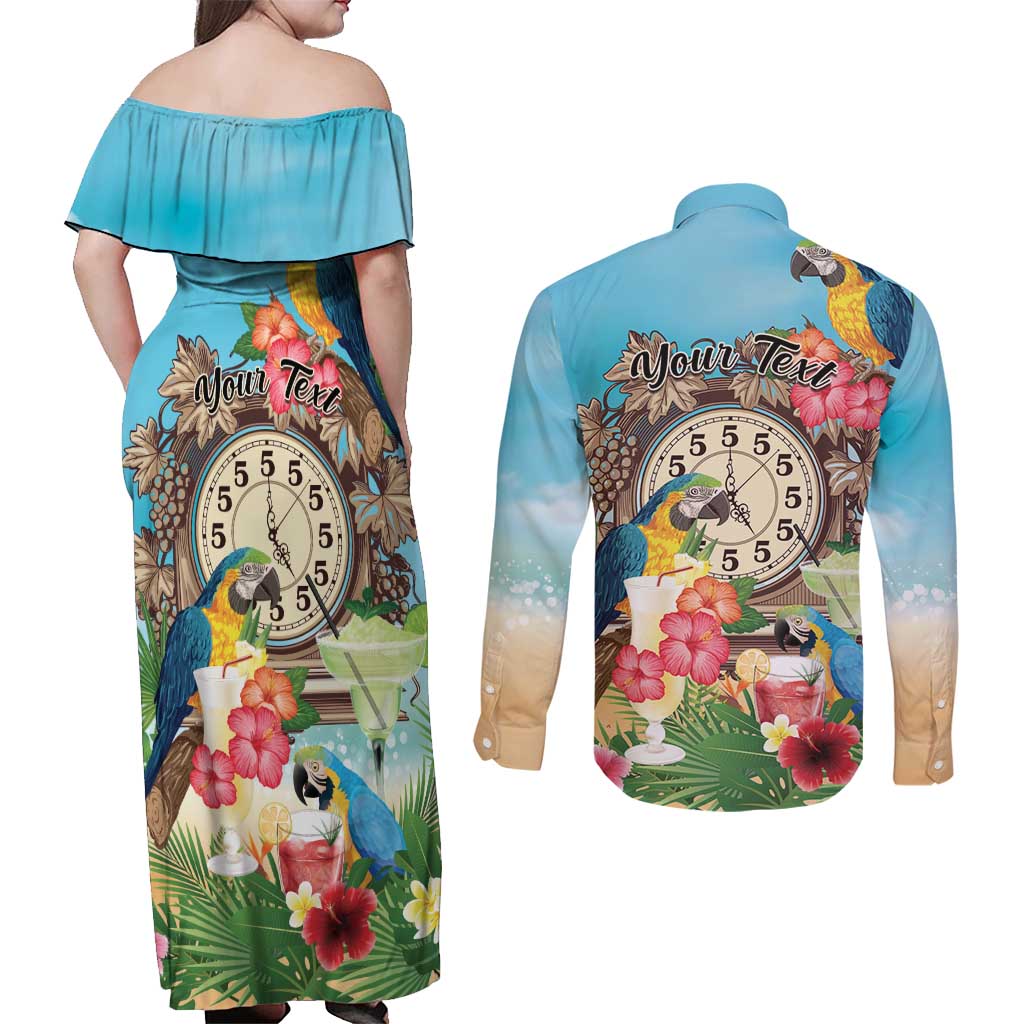 Personalized It's 5 o'clock Somewhere Couples Matching Off Shoulder Maxi Dress and Long Sleeve Button Shirt Hawaiian Tropical Parrots - Polynesian Pride
