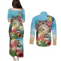 Personalized It's 5 o'clock Somewhere Couples Matching Puletasi and Long Sleeve Button Shirt Hawaiian Tropical Parrots - Polynesian Pride