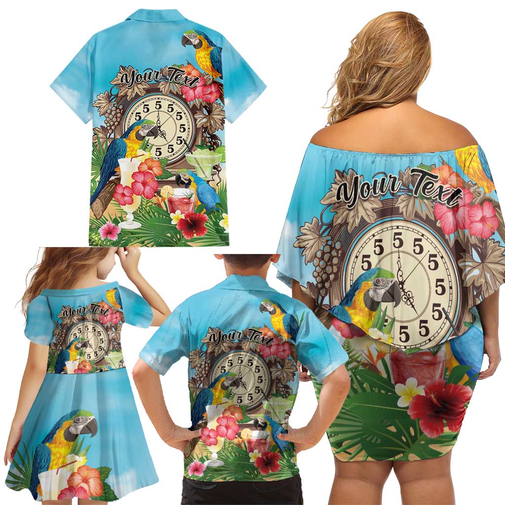 Personalized It's 5 o'clock Somewhere Family Matching Off Shoulder Short Dress and Hawaiian Shirt Hawaiian Tropical Parrots - Polynesian Pride