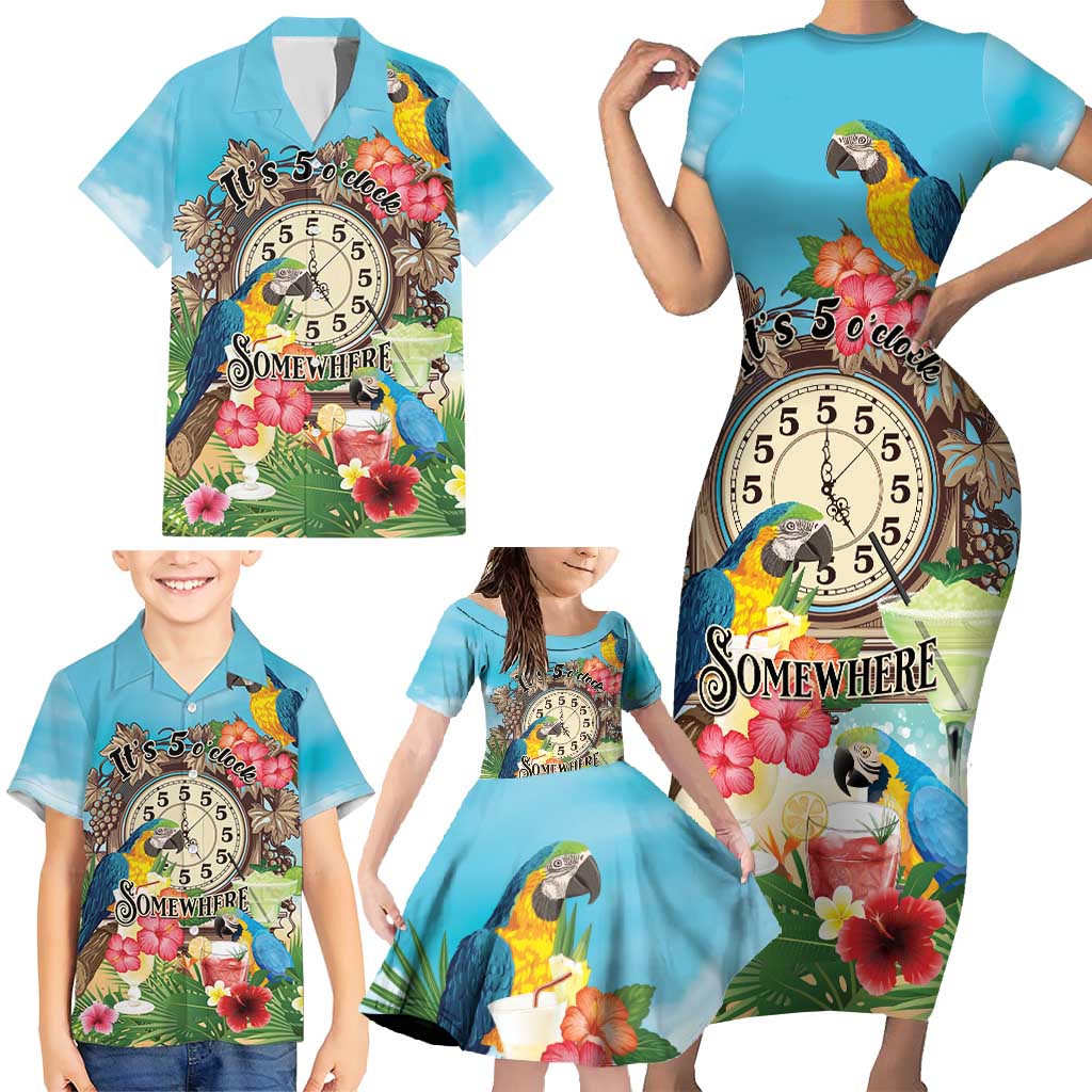Personalized It's 5 o'clock Somewhere Family Matching Short Sleeve Bodycon Dress and Hawaiian Shirt Hawaiian Tropical Parrots - Polynesian Pride
