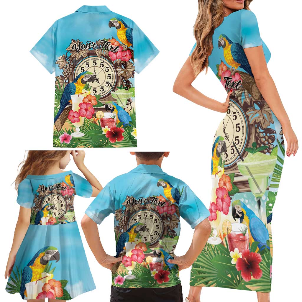 Personalized It's 5 o'clock Somewhere Family Matching Short Sleeve Bodycon Dress and Hawaiian Shirt Hawaiian Tropical Parrots - Polynesian Pride