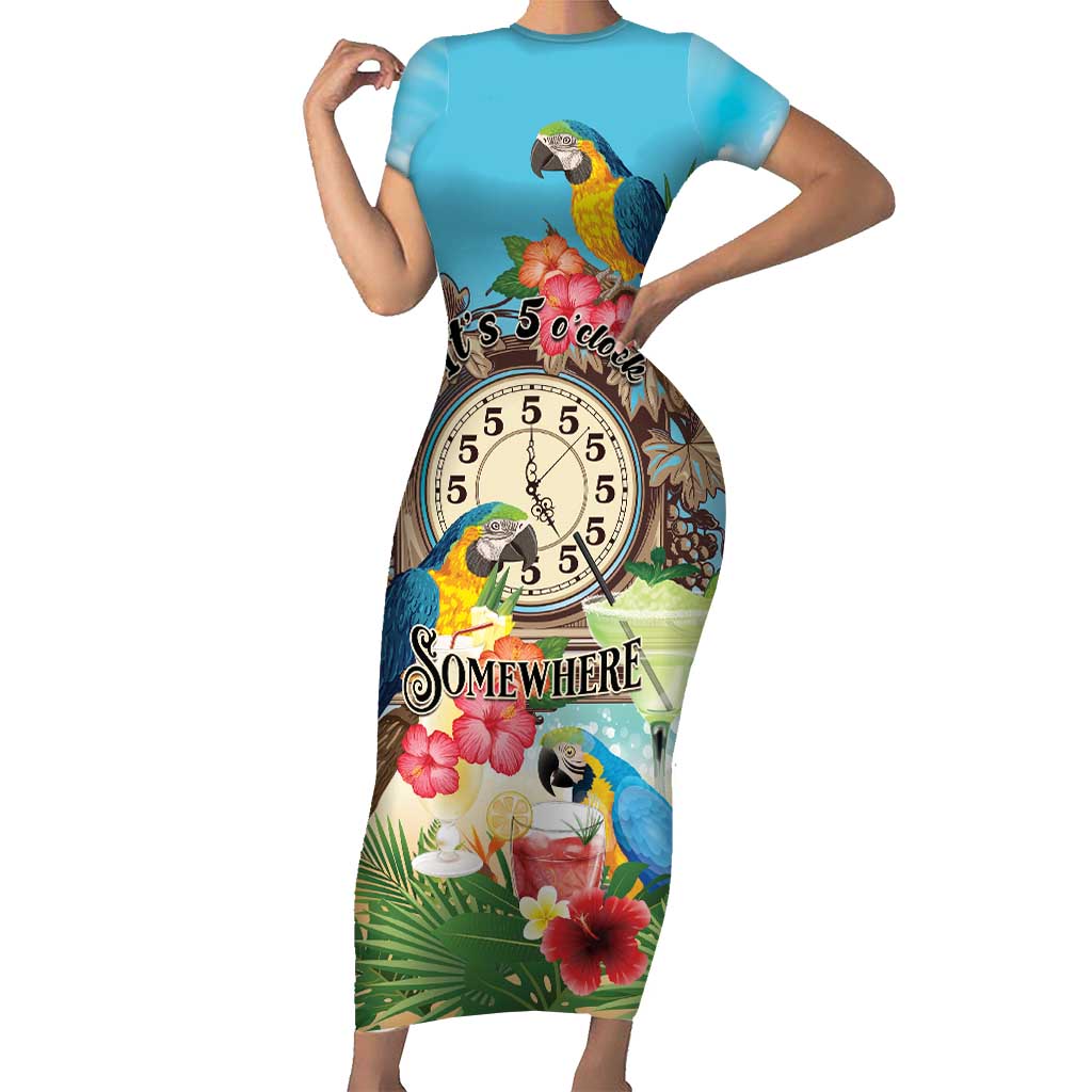Personalized It's 5 o'clock Somewhere Family Matching Short Sleeve Bodycon Dress and Hawaiian Shirt Hawaiian Tropical Parrots - Polynesian Pride