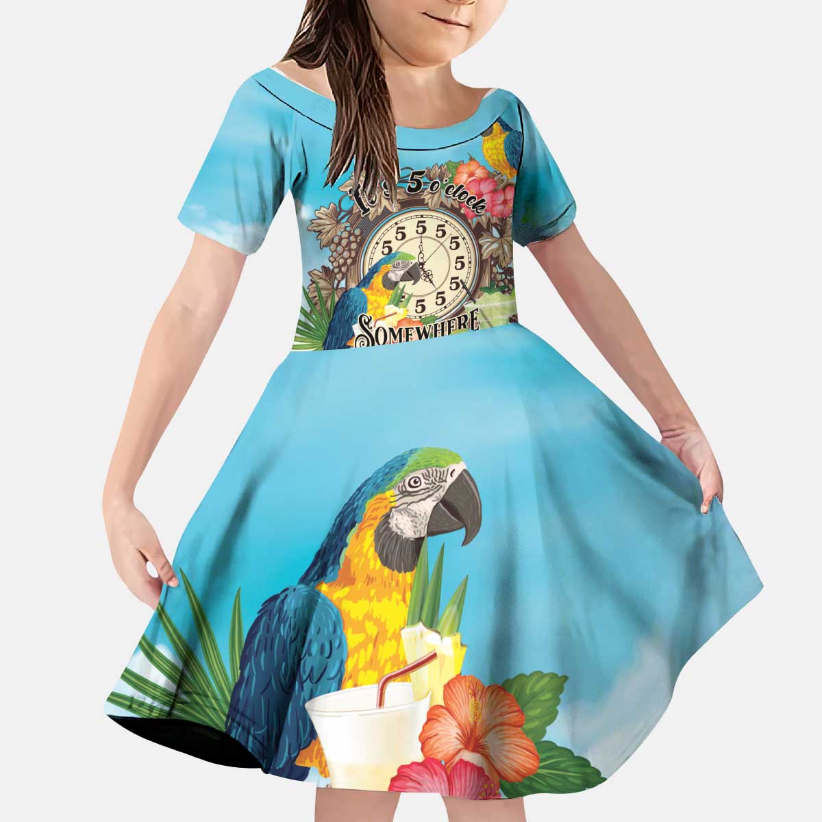 Personalized It's 5 o'clock Somewhere Kid Short Sleeve Dress Hawaiian Tropical Parrots - Polynesian Pride