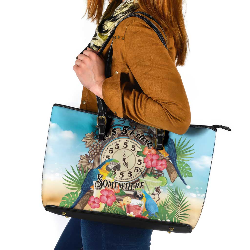 It's 5 o'clock Somewhere Leather Tote Bag Hawaiian Tropical Parrots - Polynesian Pride