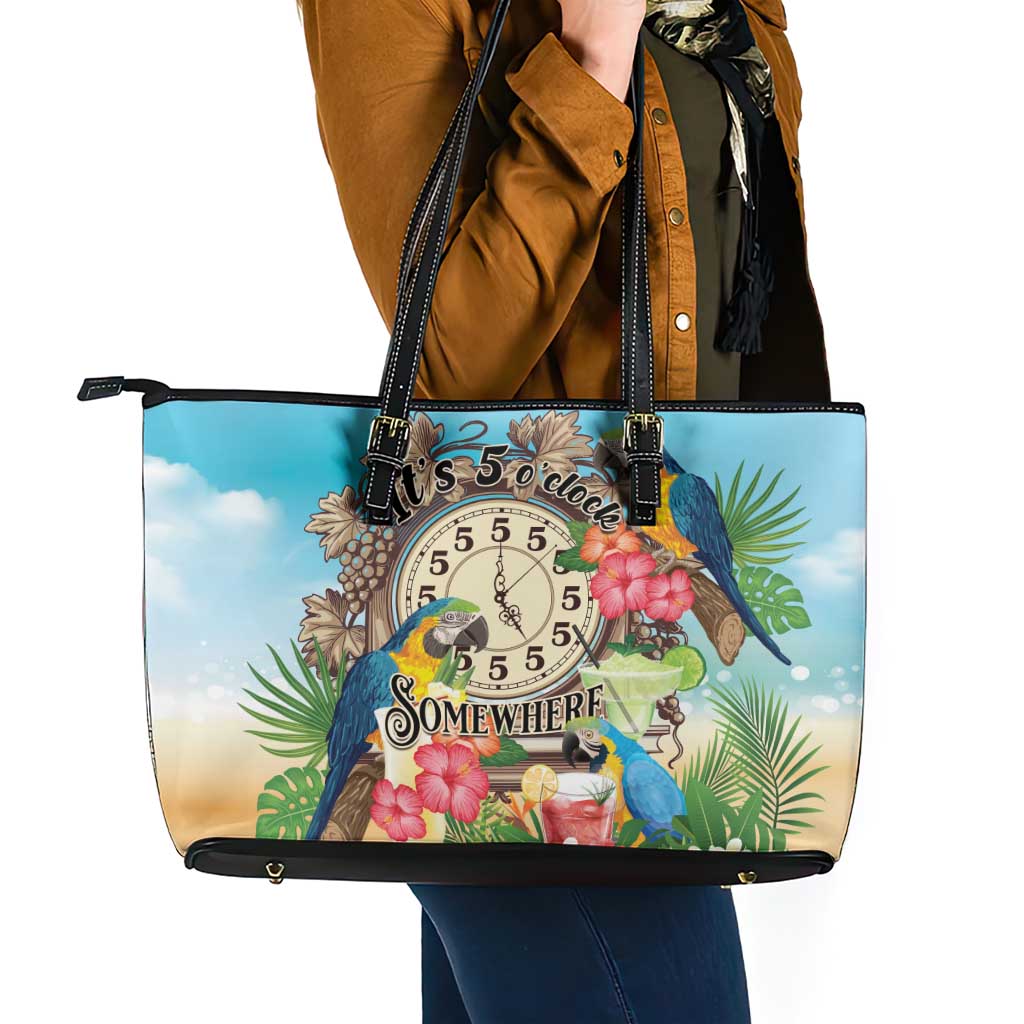 It's 5 o'clock Somewhere Leather Tote Bag Hawaiian Tropical Parrots - Polynesian Pride