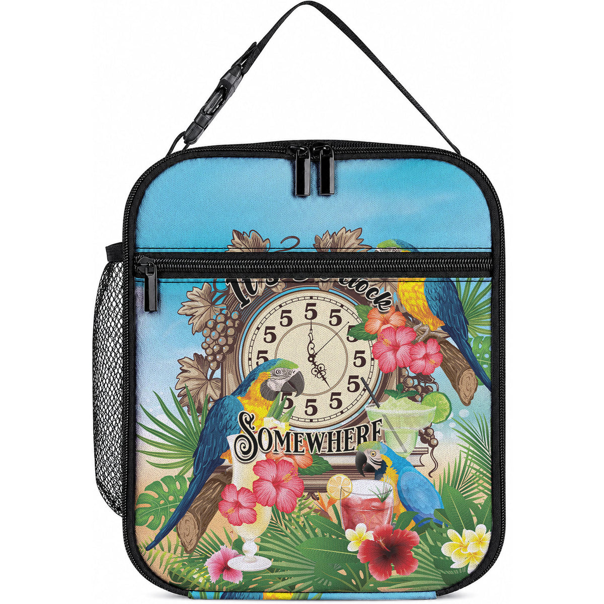 It's 5 o'clock Somewhere Lunch Bag Hawaiian Tropical Parrots
