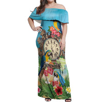 Personalized It's 5 o'clock Somewhere Off Shoulder Maxi Dress Hawaiian Tropical Parrots - Polynesian Pride
