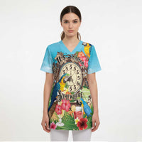 Personalized It's 5 o'clock Somewhere Scrub Top Hawaiian Tropical Parrots - Polynesian Pride
