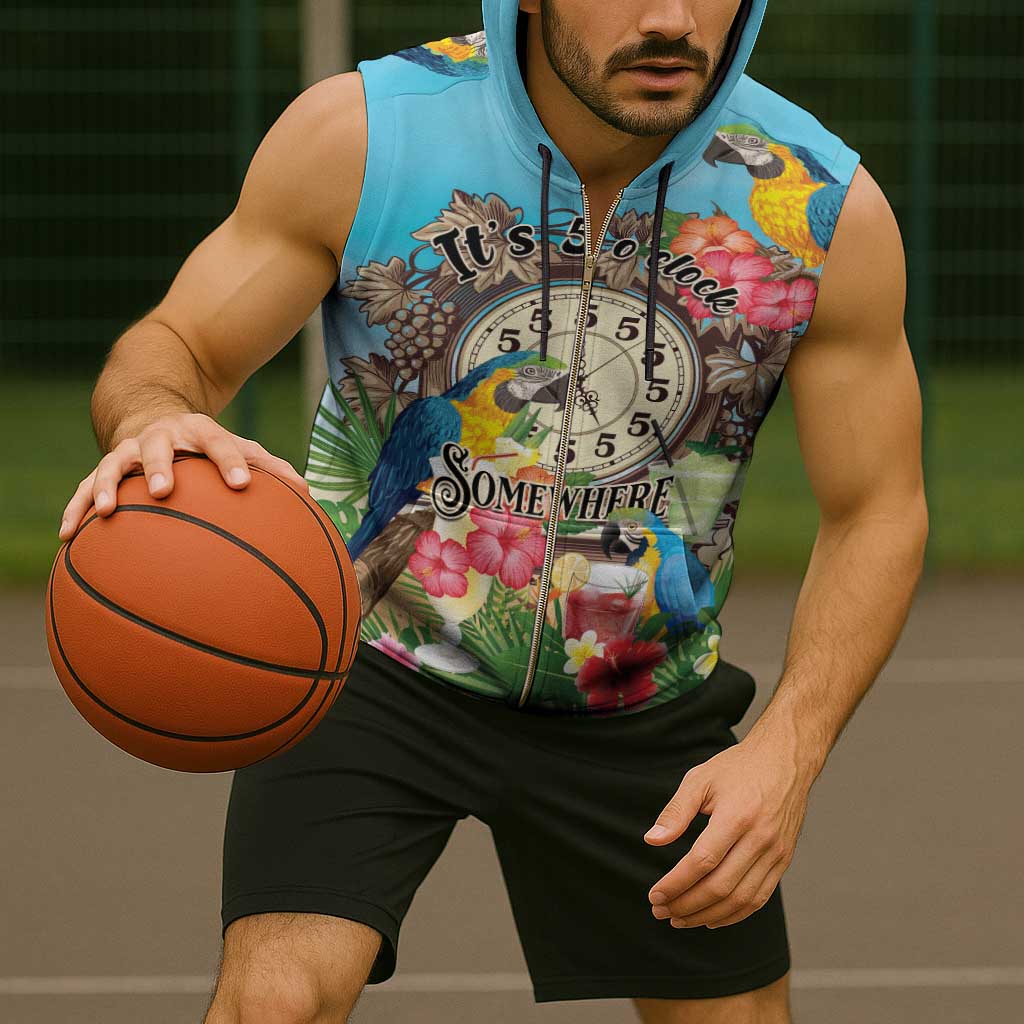 Personalized It's 5 o'clock Somewhere Sleeveless Zip Hoodie Hawaiian Tropical Parrots - Polynesian Pride