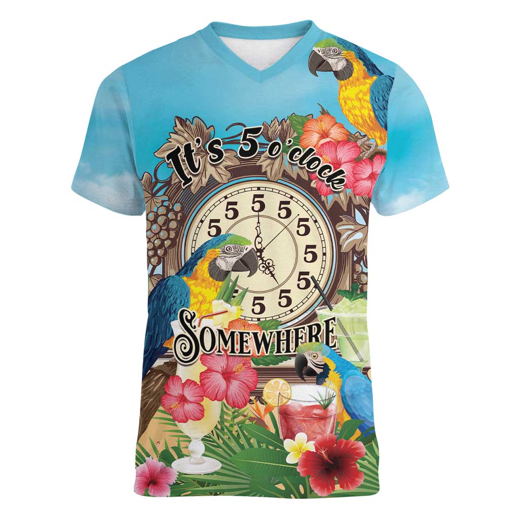 Personalized It's 5 o'clock Somewhere Women V-Neck T-Shirt Hawaiian Tropical Parrots - Polynesian Pride