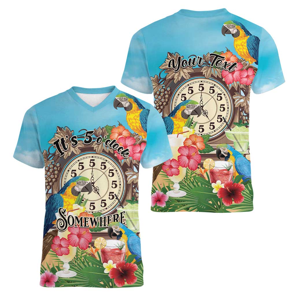 Personalized It's 5 o'clock Somewhere Women V-Neck T-Shirt Hawaiian Tropical Parrots - Polynesian Pride