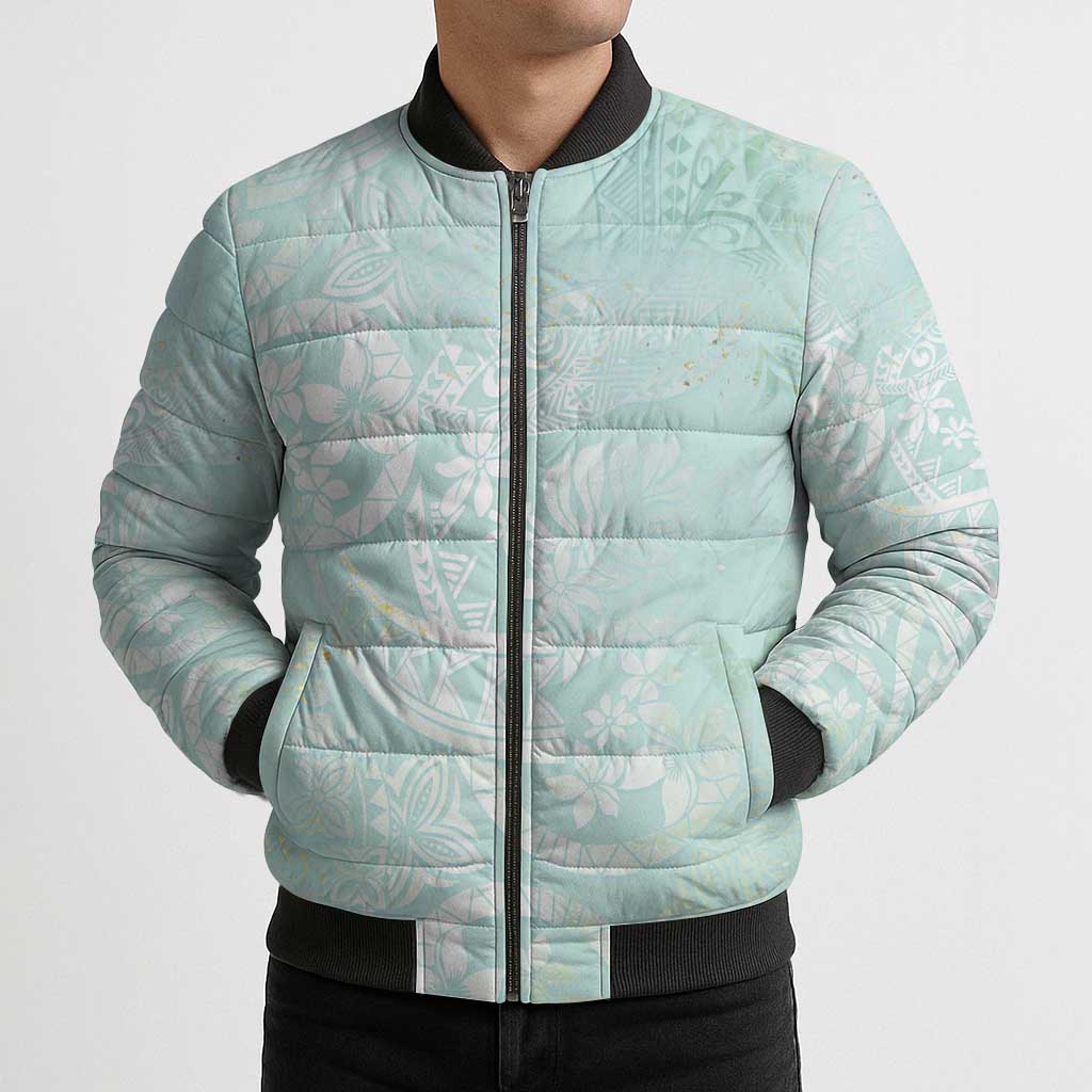 Polynesian Tiare Monstera Seafoam Green Bomber Puffer Jacket Liquid Style - Polynesian Pride