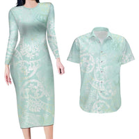 Polynesian Tiare Monstera Seafoam Green Couples Matching Long Sleeve Bodycon Dress and Hawaiian Shirt Liquid Style - Polynesian Pride
