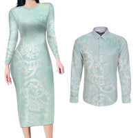 Polynesian Tiare Monstera Seafoam Green Couples Matching Long Sleeve Bodycon Dress and Long Sleeve Button Shirt Liquid Style - Polynesian Pride