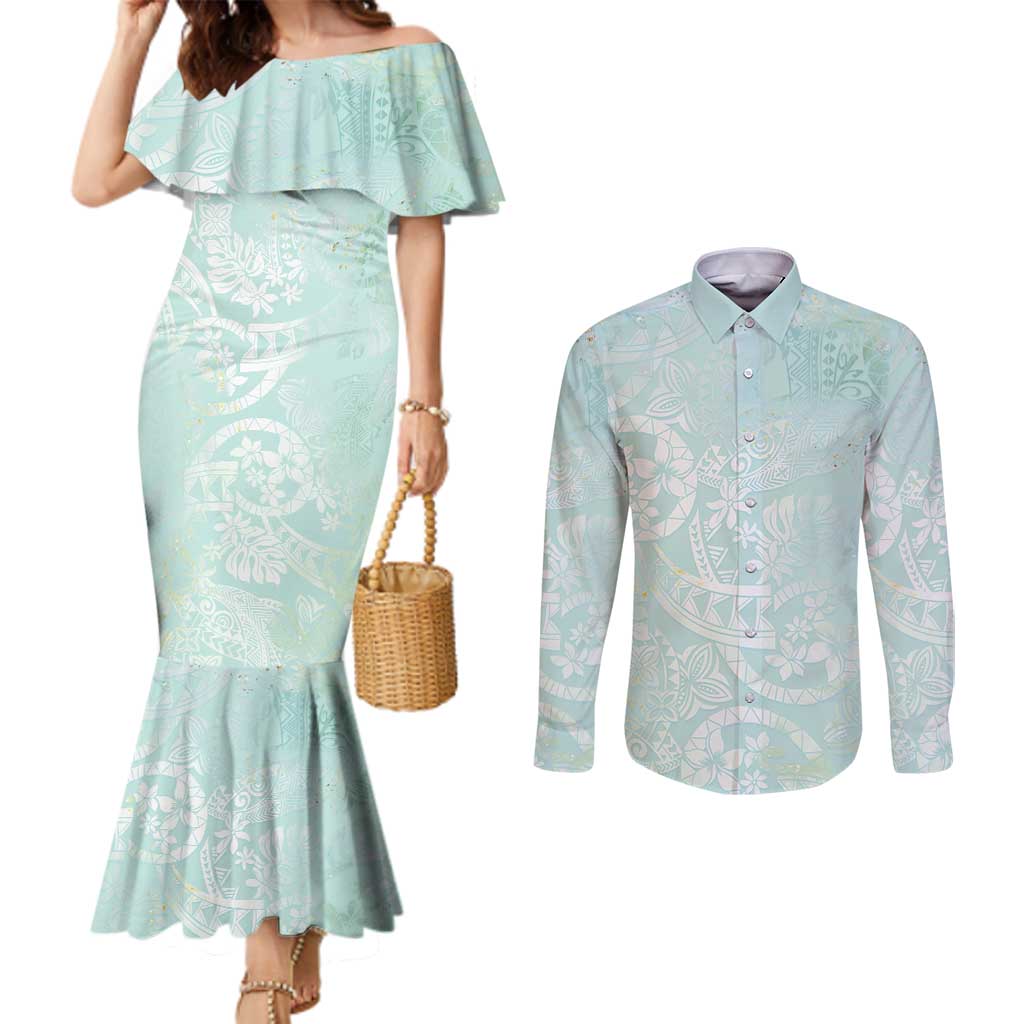 Polynesian Tiare Monstera Seafoam Green Couples Matching Mermaid Dress and Long Sleeve Button Shirt Liquid Style - Polynesian Pride