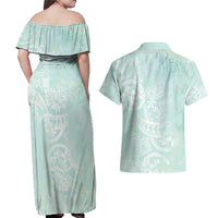 Polynesian Tiare Monstera Seafoam Green Couples Matching Off Shoulder Maxi Dress and Hawaiian Shirt Liquid Style - Polynesian Pride
