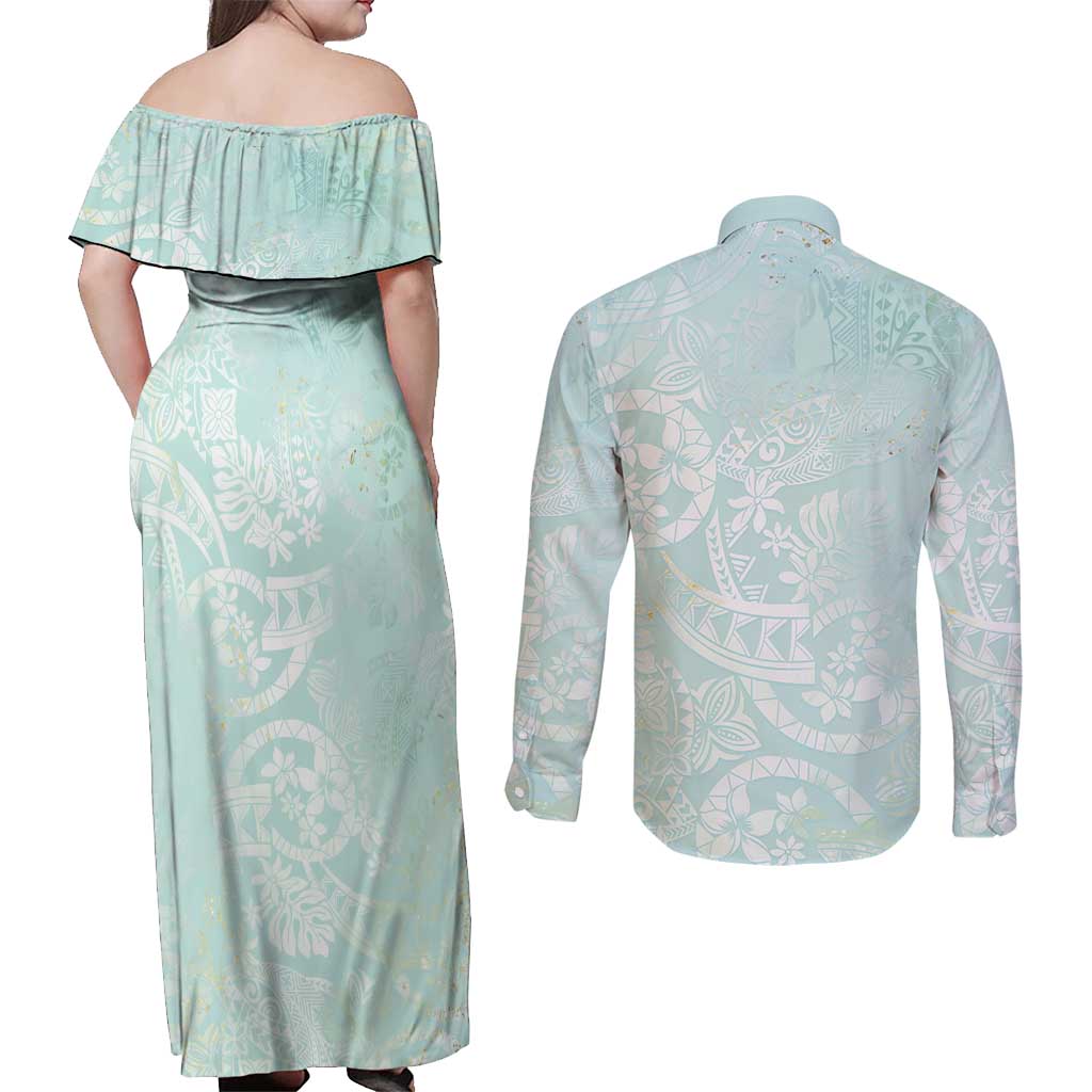 Polynesian Tiare Monstera Seafoam Green Couples Matching Off Shoulder Maxi Dress and Long Sleeve Button Shirt Liquid Style - Polynesian Pride