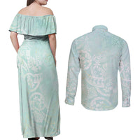 Polynesian Tiare Monstera Seafoam Green Couples Matching Off Shoulder Maxi Dress and Long Sleeve Button Shirt Liquid Style - Polynesian Pride