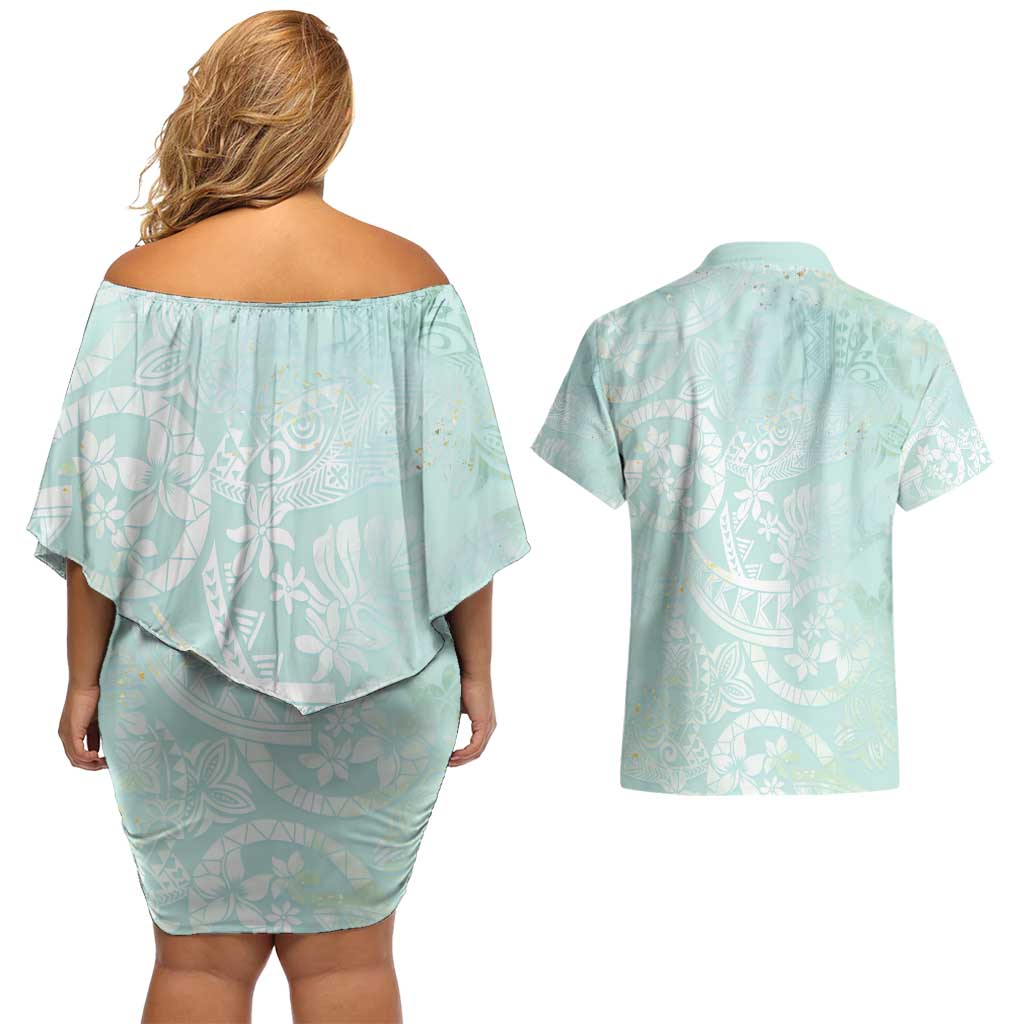 Polynesian Tiare Monstera Seafoam Green Couples Matching Off Shoulder Short Dress and Hawaiian Shirt Liquid Style - Polynesian Pride