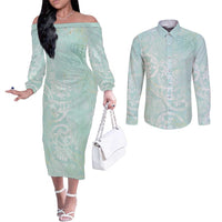 Polynesian Tiare Monstera Seafoam Green Couples Matching Off The Shoulder Long Sleeve Dress and Long Sleeve Button Shirt Liquid Style - Polynesian Pride