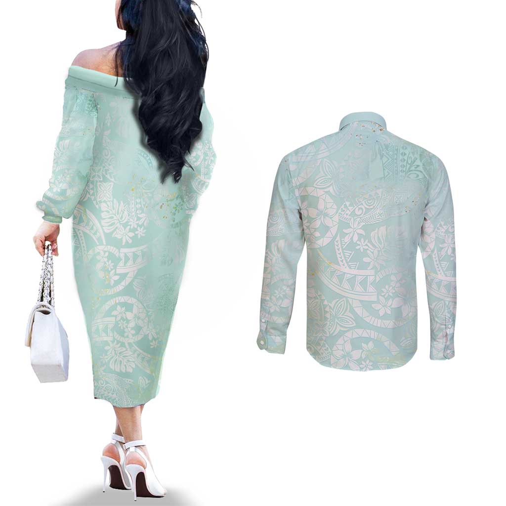 Polynesian Tiare Monstera Seafoam Green Couples Matching Off The Shoulder Long Sleeve Dress and Long Sleeve Button Shirt Liquid Style - Polynesian Pride