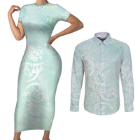 Polynesian Tiare Monstera Seafoam Green Couples Matching Short Sleeve Bodycon Dress and Long Sleeve Button Shirt Liquid Style - Polynesian Pride