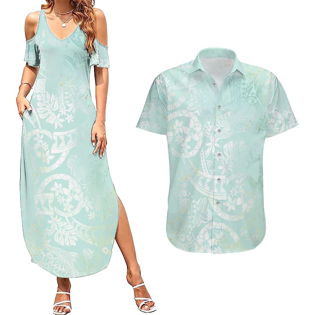 Polynesian Tiare Monstera Seafoam Green Couples Matching Summer Maxi Dress and Hawaiian Shirt Liquid Style - Polynesian Pride