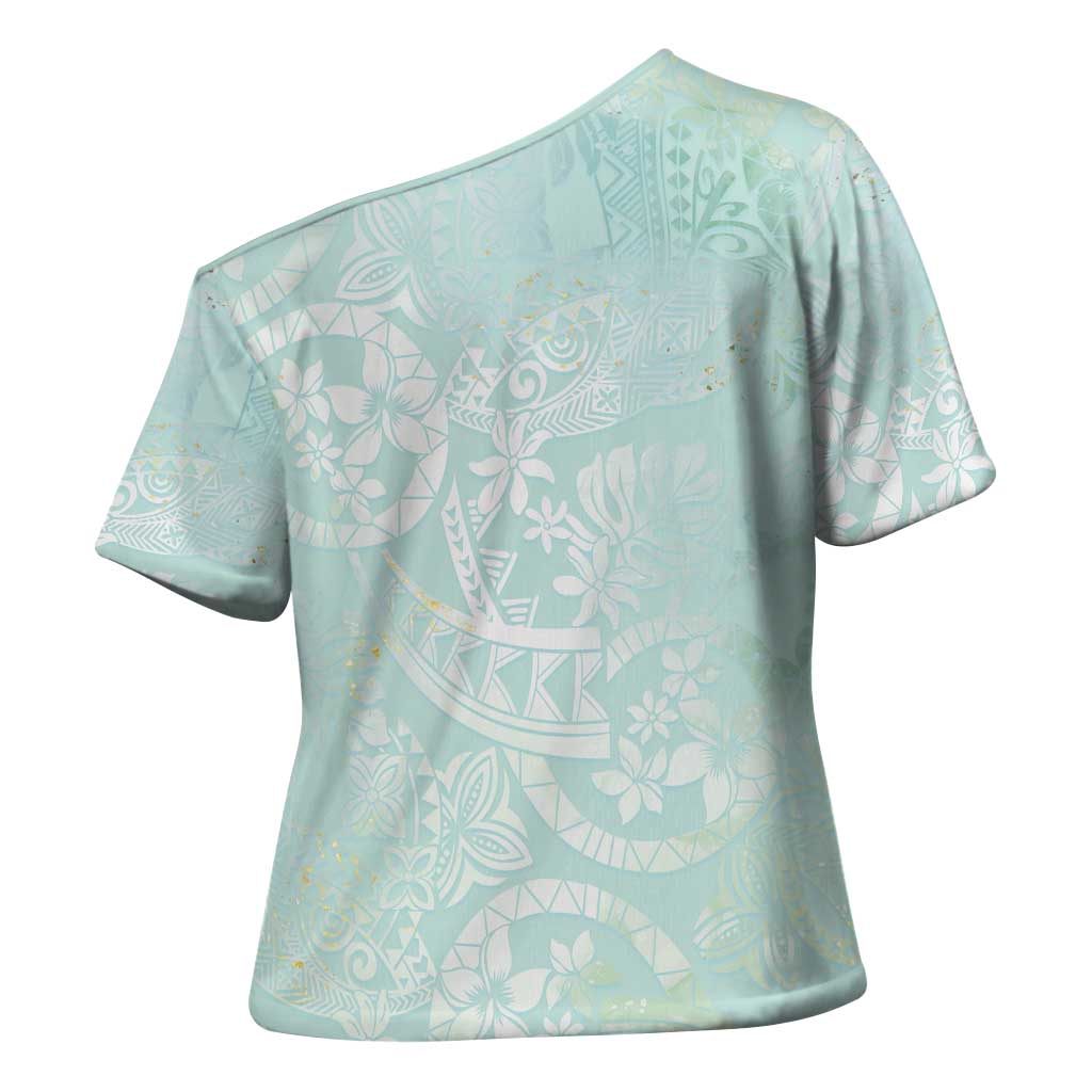 Polynesian Tiare Monstera Seafoam Green Cross Shoulder Shirt Liquid Style - Polynesian Pride
