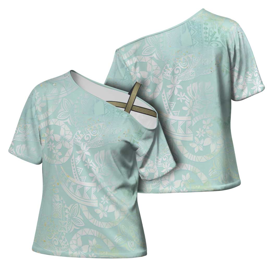 Polynesian Tiare Monstera Seafoam Green Cross Shoulder Shirt Liquid Style - Polynesian Pride