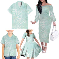 Polynesian Tiare Monstera Seafoam Green Family Matching Off The Shoulder Long Sleeve Dress and Hawaiian Shirt Liquid Style - Polynesian Pride