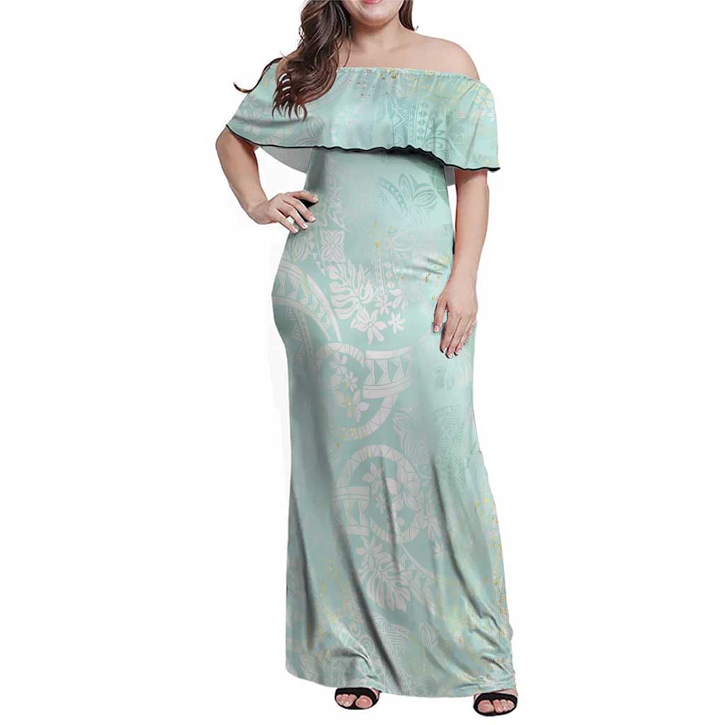 Polynesian Tiare Monstera Seafoam Green Family Matching Off Shoulder Maxi Dress and Hawaiian Shirt Liquid Style - Polynesian Pride