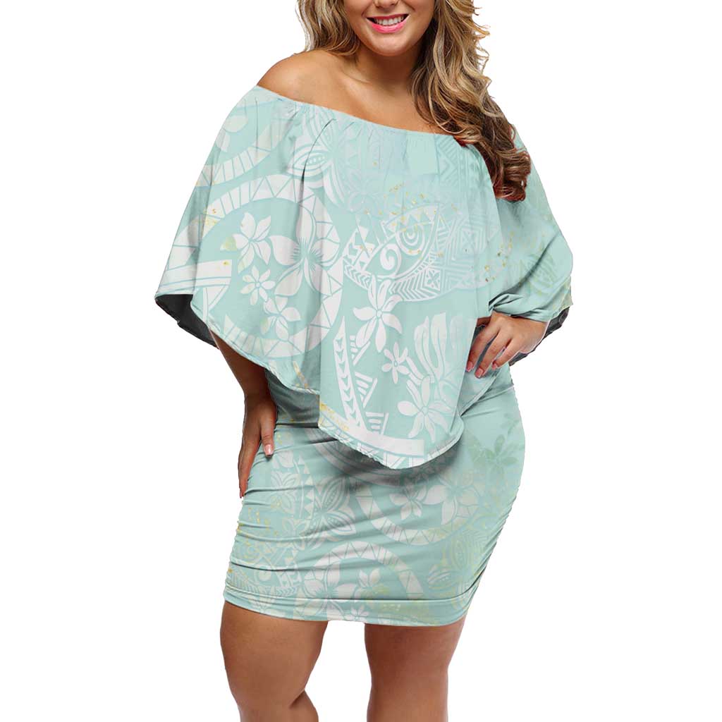 Polynesian Tiare Monstera Seafoam Green Family Matching Off Shoulder Short Dress and Hawaiian Shirt Liquid Style - Polynesian Pride