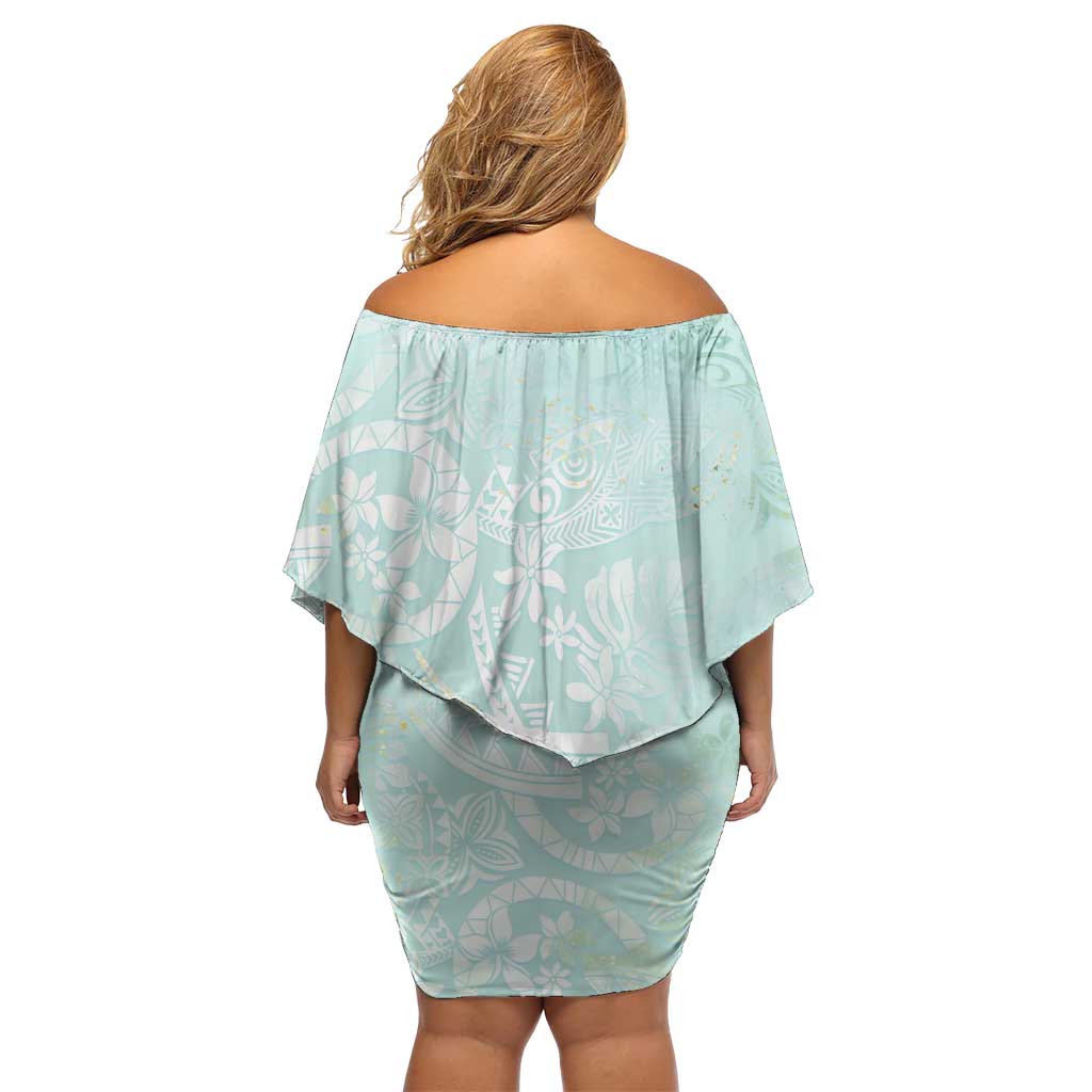 Polynesian Tiare Monstera Seafoam Green Family Matching Off Shoulder Short Dress and Hawaiian Shirt Liquid Style - Polynesian Pride