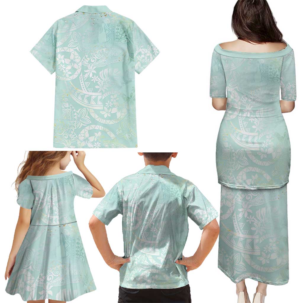 Polynesian Tiare Monstera Seafoam Green Family Matching Puletasi and Hawaiian Shirt Liquid Style - Polynesian Pride
