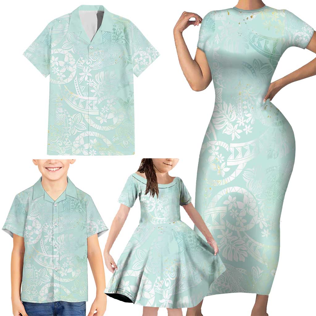 Polynesian Tiare Monstera Seafoam Green Family Matching Short Sleeve Bodycon Dress and Hawaiian Shirt Liquid Style - Polynesian Pride