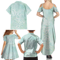 Polynesian Tiare Monstera Seafoam Green Family Matching Summer Maxi Dress and Hawaiian Shirt Liquid Style - Polynesian Pride