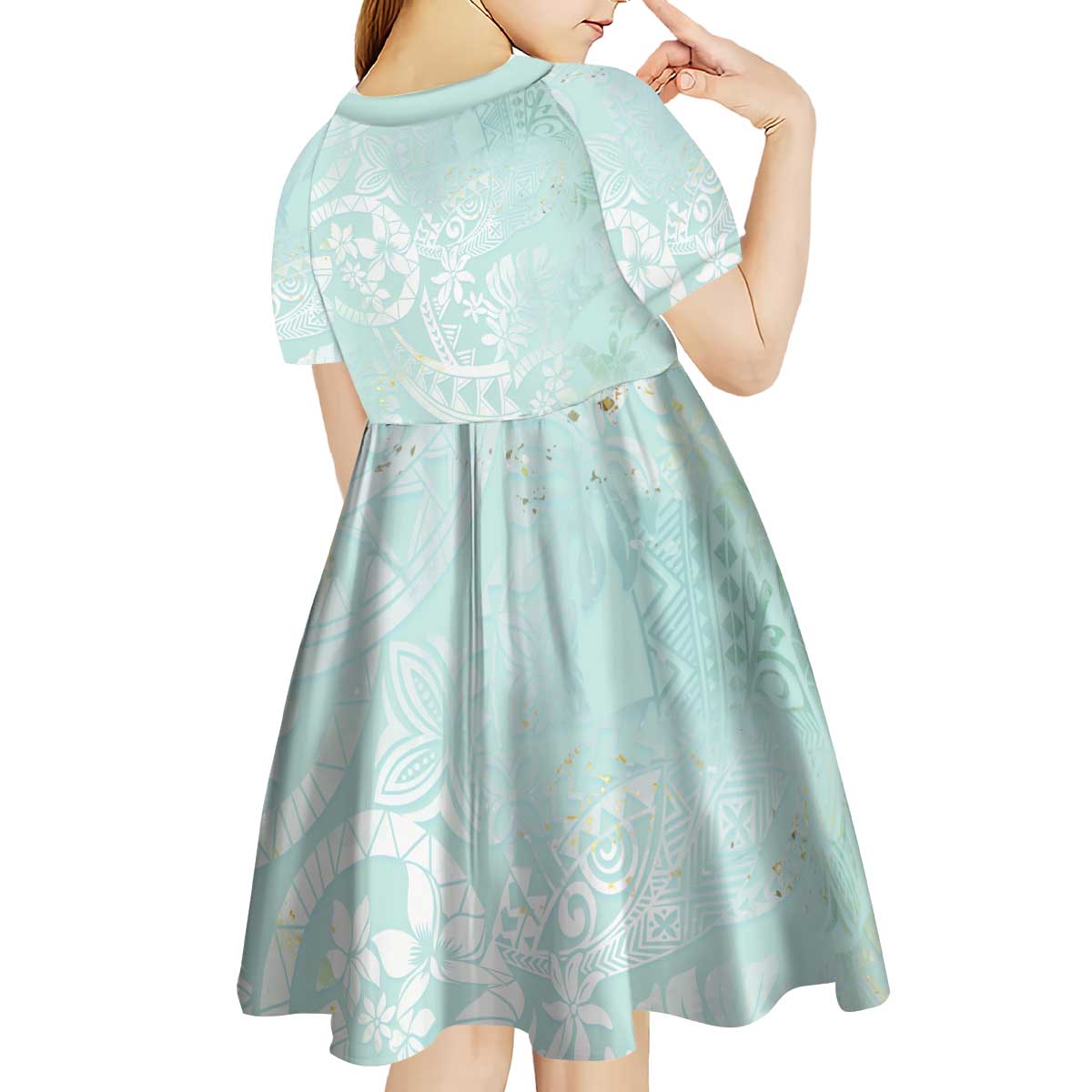 Polynesian Tiare Monstera Seafoam Green Kid Short Sleeve Dress Liquid Style - Polynesian Pride