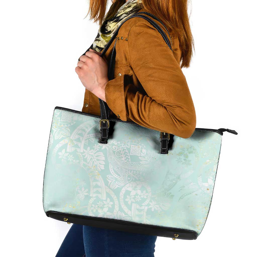 Polynesian Tiare Monstera Seafoam Green Leather Tote Bag Liquid Style - Polynesian Pride
