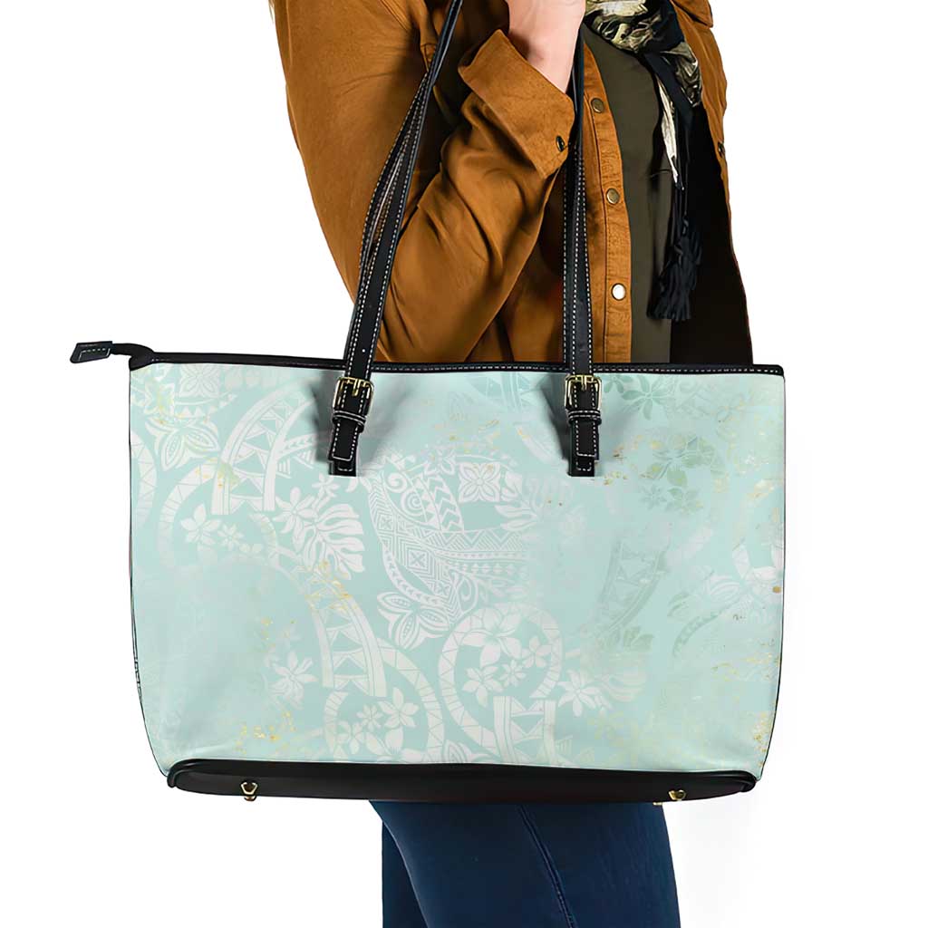 Polynesian Tiare Monstera Seafoam Green Leather Tote Bag Liquid Style - Polynesian Pride