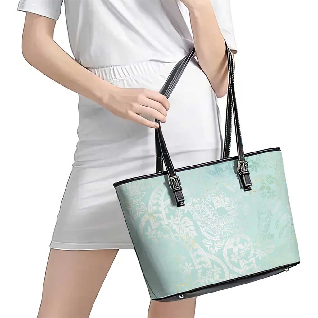 Polynesian Tiare Monstera Seafoam Green Leather Tote Bag Liquid Style - Polynesian Pride