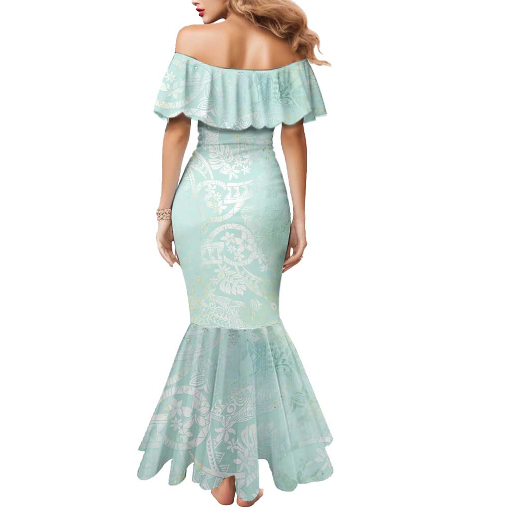 Polynesian Tiare Monstera Seafoam Green Mermaid Dress Liquid Style - Polynesian Pride