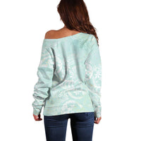 Polynesian Tiare Monstera Seafoam Green Off Shoulder Sweater Liquid Style - Polynesian Pride