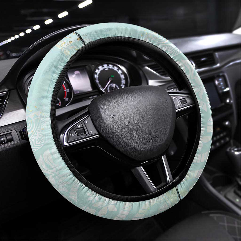 Polynesian Tiare Monstera Seafoam Green Steering Wheel Cover Liquid Style - Polynesian Pride