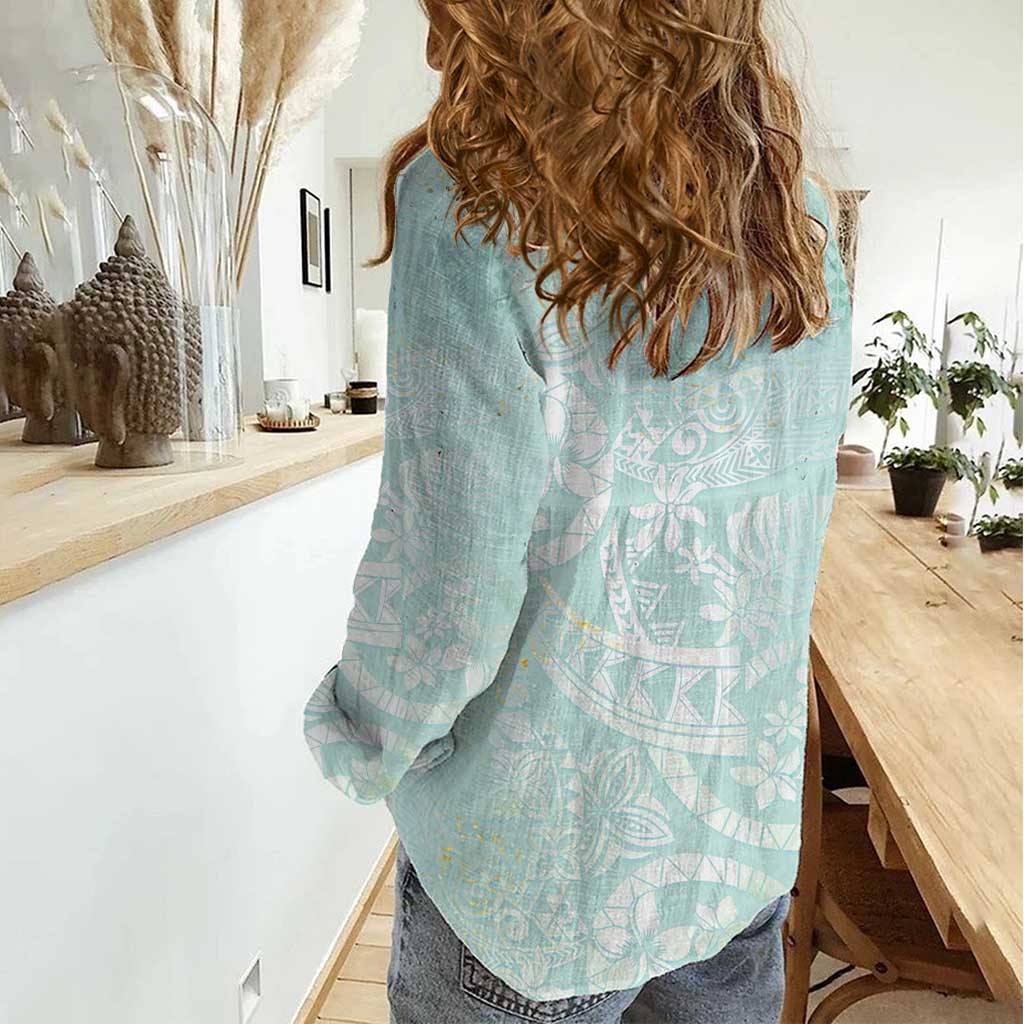 Polynesian Tiare Monstera Seafoam Green Women Casual Shirt Liquid Style - Polynesian Pride