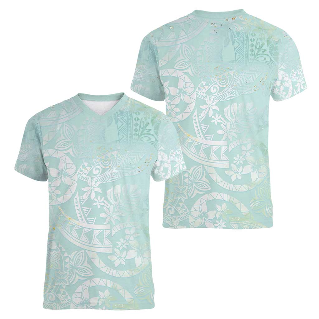 Polynesian Tiare Monstera Seafoam Green Women V-Neck T-Shirt Liquid Style - Polynesian Pride